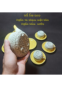 Bộ Ấm Uống trà Bát Tràng Cao Cấp mẫu TRỤ TRÒN có chân đế – Bình trà Hoa văn nổi sần kiểu ĐẤT NẺ cực đẹp – Màu Vàng Gold - 1 ấm, 6 ly, 7 dĩa – Chân Đế Ngăn va chạm mặt bàn, chống bám nước