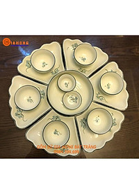 Bộ đồ ăn hoa mặt trời men kem vẽ sen gốm sứ Bát Tràng