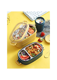 Hộp Cơm Văn Phòng Giữ Nhiệt  2 Lớp 2 Tầng Tiện Lợi Kèm Hộp Đựng Canh Soup và Bộ Đũa Thìa INOX – Chất Liệu INOX304An Toàn Cho Sức Khỏe – Hàng Chính Hãng MINIIN- Tặng Túi Đựng Cơm