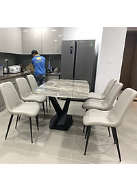 Bộ bàn ăn mặt đá Ceramic bóng chân chéo chữ X kết hợp ghế Nelson trám