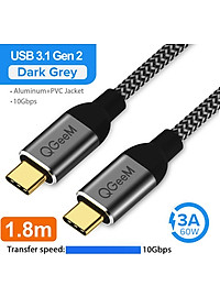 Cáp sạc nhanh QGeeM cổng USB 3.1 mạ vàng Type C to Type C 3A PD 60W dài 1,8 m, dây bện sợi nylong cao cấp - Hàng Chính Hãng