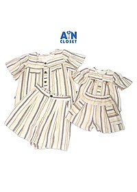 Bộ quần áo ngắn cho mẹ họa tiết Kẻ nâu tay rũ cotton - AICDMEYRKZ7B - AIN Closet