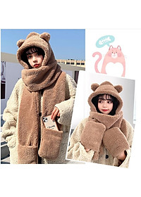 Mũ Lông Cừu Tai Gấu Kèm Khăn Quàng Cổ và Găng Tay Ấm Áp Ulzzang Hàn Quốc
