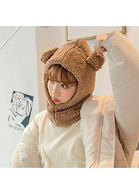 Mũ len lông cừu liền khăn cổ tai gấu dễ thương ấm áp mùa đông thích hợp cho bạn gái