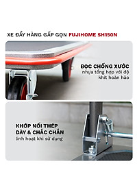 Xe đẩy hàng 4 bánh gấp gọn sàn thép FUJIHOME nhập khẩu, xe kéo hàng xếp gọn, bánh xe có chốt hãm - hàng chính hãng