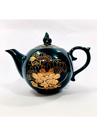 Bộ ấm chén Bát Tràng cao cấp màu xanh Arctic họa tiết hoa sen vẽ vàng 24k