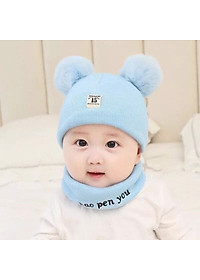 Mũ Len 2 Quả Bông Kèm Khăn Cho Bé ( Giao Màu Ngẫu Nhiên)