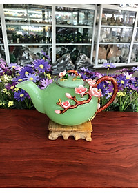 Bộ ấm trà chạm hoa mai đá ngọc cẩm thạch xanh