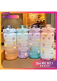 (Tặng sticker) Bình nước 2 lít  dành cho người lười uống nước bình nước cute 2L có ống hút, vạch chia nhắc giờ