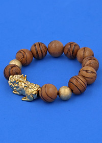 Chuỗi tay Gỗ Huỳnh Đàn 15 ly - Vòng tay Tỳ Hưu inox vàng VGHUDTHHBV15 - Vòng đeo tay size lớn, phù hợp cho nam