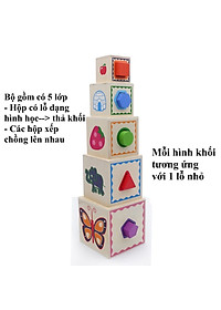 Đồ chơi lồng hộp vuông thả khối, đồ chơi tháp xếp chồng thả hình khối tập đếm gỗ đa chức năng thông minh cho bé