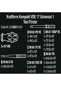 Bộ tua vít cách điện Kraftform Kompakt VDE 17 Universal 1 gồm 4 cạnh, dẹp, hoa thị  các đầu vít thay đổi được gồm 17 chiếc Wera 05006611001