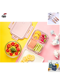 Hộp Cơm Thủy Tinh 3 Ngăn 1050 ml + Túi Cá + Hộp Đũa Thìa Cán gỗ ( Giao màu ngẫu nhiên) cực kì tiện lợi