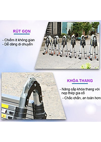 Thang nhôm rút đôi, có bánh xe di chuyển tiện lợi, thanh giằn khóa và thân thang an toàn, chiều cao từ 3,8m - 8m