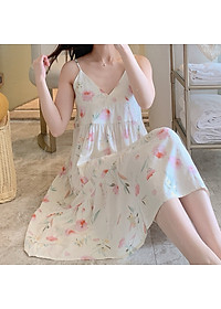 Váy 2 dây cho nữ mặc nhà vải lanh mềm mát, dáng xòe, nhiều họa tiết, freesize từ 45 đến 75 kg
