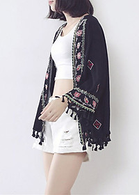 Áo khoác kimono voan ngắn đi biển, viền thổ cẩm mix họa tiết xinh | KM006