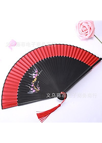 Quạt múa cổ trang dây tuyến viền đỏ cầm tay quà tặng xinh xắn cosplay phong cách tết