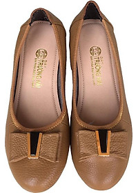 Giày đế xuồng nữ 3cm Trường Hải  đính nơ xinh da bò mềm mại màu vàng thời trang , đế xuống cao su DX0132