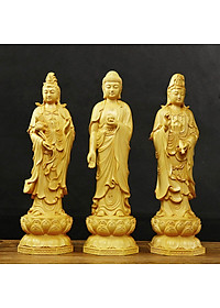 Tượng Tây Phương Tam Thánh bằng gỗ hoàng dương (Tượng đứng cao 20cm)