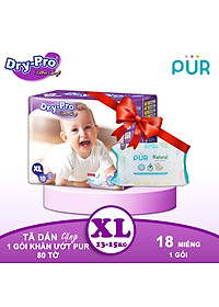 Combo Tã/bỉm dán Dry-Pro XL18 (13kg-15kg) + tặng 1 gói khăn ướt Pur 80 tờ cho bé