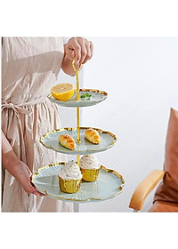 KHAY ĐỰNG BÁNH KẸO HOA QUẢ BẰNG SỨ 3 TẦNG VIỀN VÀNG CAO CẤP SANG TRỌNG