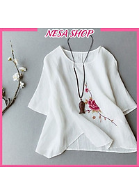 Áo kiểu nữ cổ tròn tay lỡ form rộng thoải mái, chất liệu Đũi cao cấp mềm mịn, mát, hoạ tiết Thêu tỉ mỉ NeSa Shop AKH.57