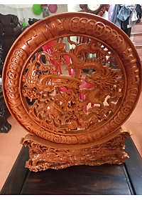 Đĩa trang trí phong thủy trạm khắc tứ linh bằng gỗ hương đá mặt rộng 40×4cm