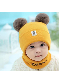 Mũ Len 2 Quả Bông Kèm Khăn Cho Bé ( Giao Màu Ngẫu Nhiên)