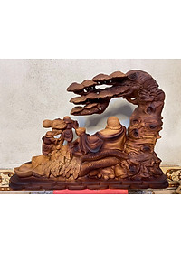 TƯỢNG PHẬT DI LẶC TAM PHÚC NGỰ GỐC CÂY TÙNG BẰNG GỖ HƯƠNG ĐÁ TÔ LÀM MẦU GIẢ CỔ KT 45×32×15CM