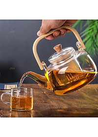 Ấm pha trà thuỷ tinh chịu nhiệt tay gỗ 1000ml có thể đun trên bế ga bếp hồng ngoại