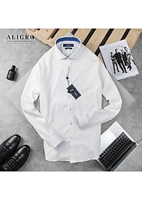 ÁO SƠ MI NAM TRẮNG DÀI TAY PHỐI CỔ XANH ALIGRO DÁNG SLIMFIT MÃ ALGS194