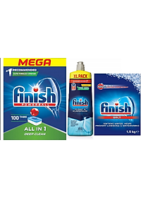 combo Viên rửa bát finish all in one 100 viên+Dung dịch Nước làm bóng finish 800ml +Muối rửa bát finish 1.5kg cho Máy rửa bát