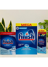 Combo muối rửa bát Finish 1,5kg+viên rửa bát Finish 120 viên+Nước làm bóng bát chén finish 800ml