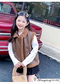 Áo gile bé gái lót lông cừu, Áo da lộn cho bé 4-10 tuổi kéo khóa kiểu dáng khỏe khoắn thời trang