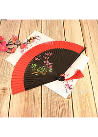 Quạt múa cổ trang dây tuyến viền đỏ cầm tay quà tặng xinh xắn cosplay phong cách tết