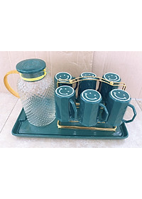 COMBO BÌNH THỦY TINH ĐỰNG NƯỚC UỐNG KÈM 6 CỐC, GIÁ TREO CỐC, KHAY SỨ MÀU XANH CỔ VỊT CHỊU NHIỆT CÁO CẤP - ANTH251