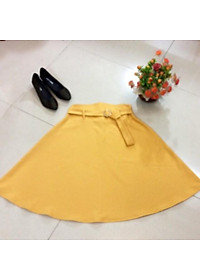 Chân váy xòe midi New Design thiết kế lưng cao kèm dây nịt vải cùng tông thanh lịch vải kaki thun co giãn