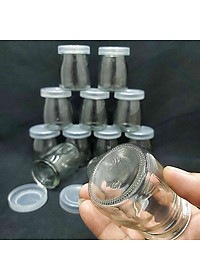 combo 12 hũ thủy tinh đựng sữa chua 100ml mẫu trụ tròn vát eo - nắp nhựa - không hoạ tiết hoặc hoạ tiết ngẫu nhiên