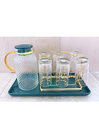 BỘ KHAY SỨ XANH CỔ VỊT, BÌNH ĐỰNG NƯỚC KALANDI KÈM 6  LY THỦY TINH DÁNG CAO, GIÁ TREO CỐC - ANTH253