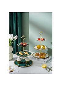 KHAY ĐỰNG BÁNH KẸO HOA QUẢ BẰNG SỨ 3 TẦNG VIỀN VÀNG CAO CẤP SANG TRỌNG