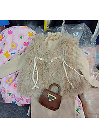 Set váy bé gái, Đầm thu đông cho bé 1-6 tuổi gile lông kèm túi đeo phong cách Hàn Quốc kiểu dáng thời trang