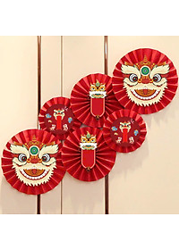 BỘ QUẠT GIẤY ĐỎ 6 CHIẾC – HÌNH ĐẦU LÂN TRANG TRÍ TẾT / TRUNG THU (khách tự ráp lại thành phẩm theo hình)