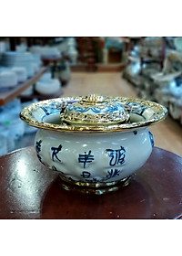 Điếu bát men rạn bọc đồng đắp nổi cây Tùng chính hãng gốm sứ Bát Tràng (điếu hút thuốc lào)