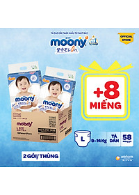 [CỘNG 8 MIẾNG] Thùng combo 2 gói tã dán Moony cao cấp L54+4 - Nhập khẩu từ Nhật Bản