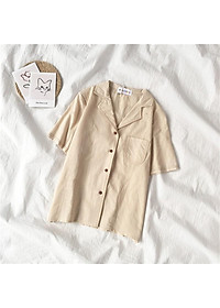 Áo sơ mi nữ thô đũi viền cổ, áo kiểu nữ cộc tay cổ vest viền chỉ freesize s21