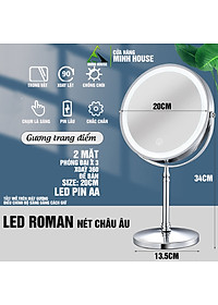 Gương trang điểm đèn LED Roman cảm ứng để bàn phóng đại 3 lần, xoay 360 độ, 2 mặt Minh House