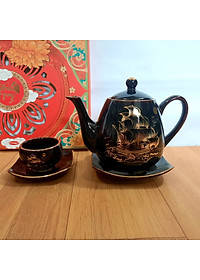Bộ ấm trà men đen vẽ vàng 24k thuận buồm xuôi gió gốm sứ Bát Tràng cao cấp