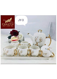 Bộ ấm chén kèm khay sứ pha trà trắng họa tiết hươu rừng