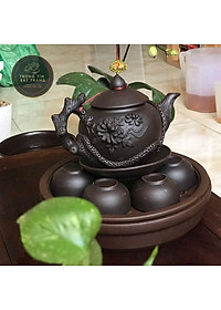 Bộ Ấm Chén Trà Đạo Gốm Tử Sa Bát Tràng Đắp Nổi Hoa Phù Dung Dáng Thủy Bình Dung Tích 400ml (Bộ Ấm Chén) ATSML 02.2