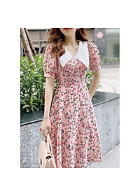 Đầm xòe voan họa tiết hoa nhí cổ sen cách điệu (có lót trong) - nhiều size, form dang chuẩn thích hợp mặc dạo phố, đi làm hoặc dự tiệc